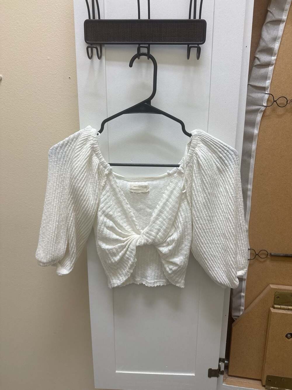 Urban Outfitters White Ribbed Knit Twist-Front Puff Sleeve Lena Crop Top